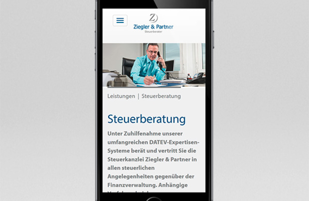 Smartphone-Darstellung Website Ziegler & Partner 