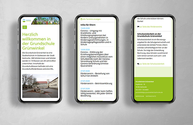 Darstellung der Schulhomepage Grundschule Grünwinkel auf Smartphone  